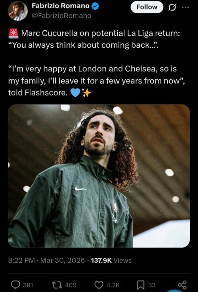 [Fabrizio Romano] Marc Cucurella on potential La Liga return: “You always think about coming back…”. “I’m very happy at London and Chelsea, so is my family, I’ll leave it for a few years from now”, told Flashscore.