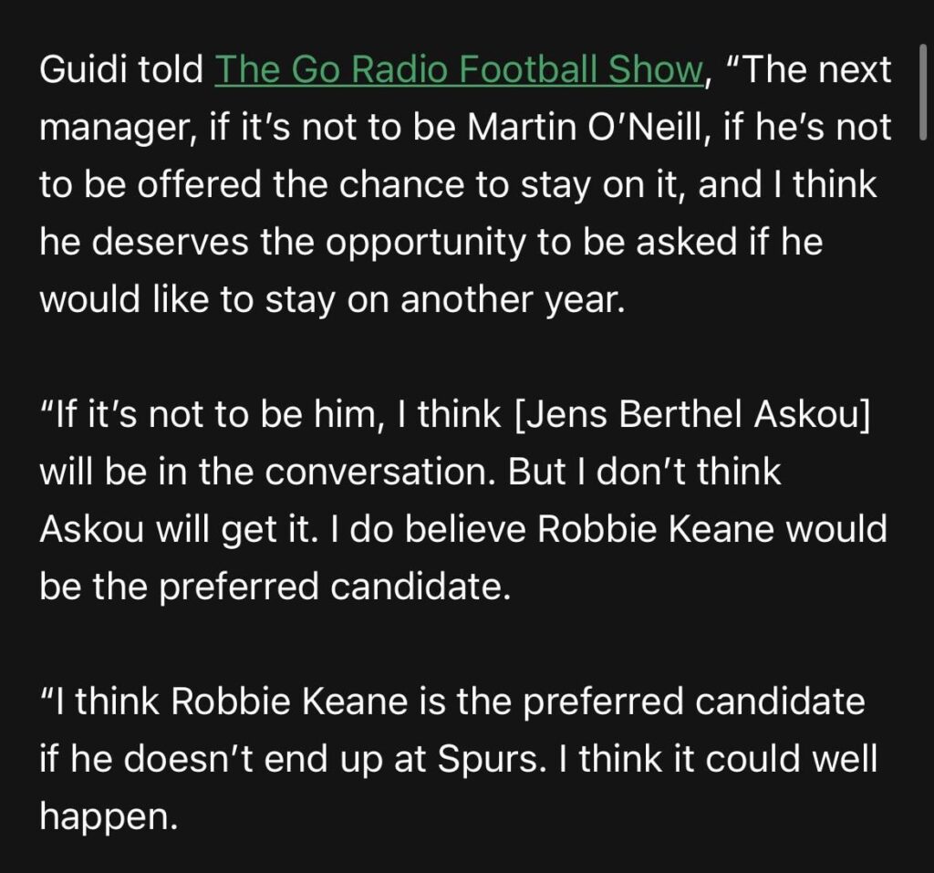 [Mark Guidi] Robbie Keane is the preferred candidate and will likely be the next Celtic manager.