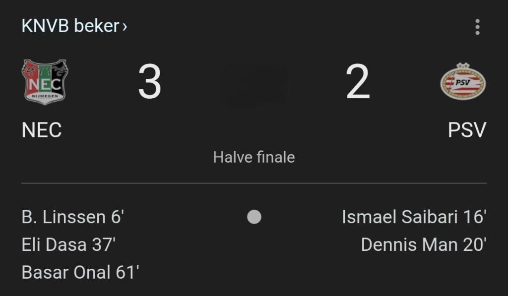 NEC wint met 3-2 van PSV in een spectaculaire halve finale van de KNVB Beker