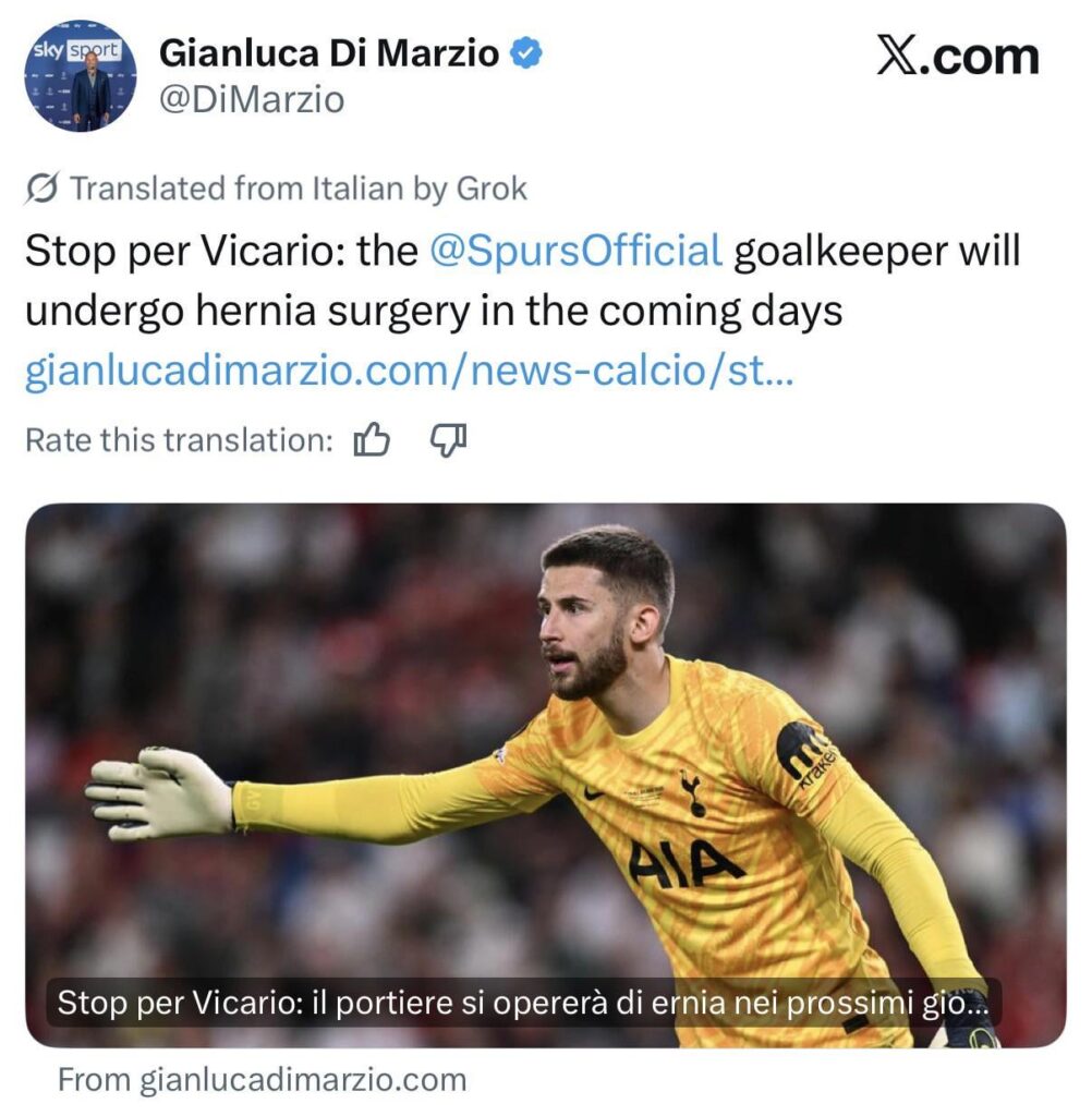 #Tottenham goalkeeper Guglielmo Vicario will undergo hernia surgery in the coming days. (Di Marzio 🥈)