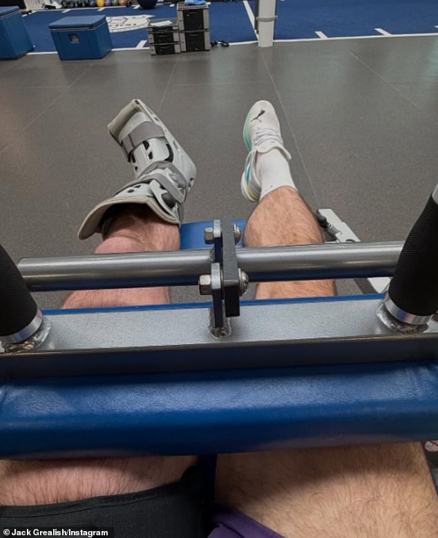Grealish posted a series of photos to Instagram showcasing his rehabilitation, which includes wearing a protective boot