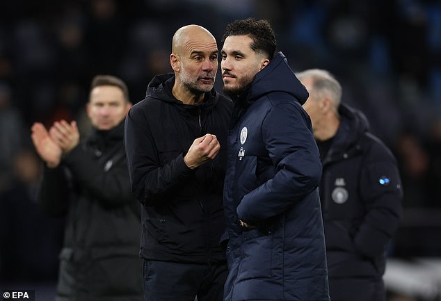 Pep Guardiola (left) has been complimentary of his man, who has had to bide his time