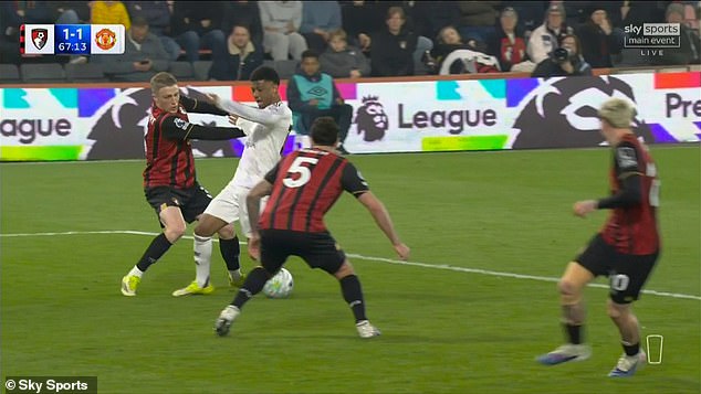 Amad Diallo was brought down in the box by Adrien Truffert but the referee waved play on