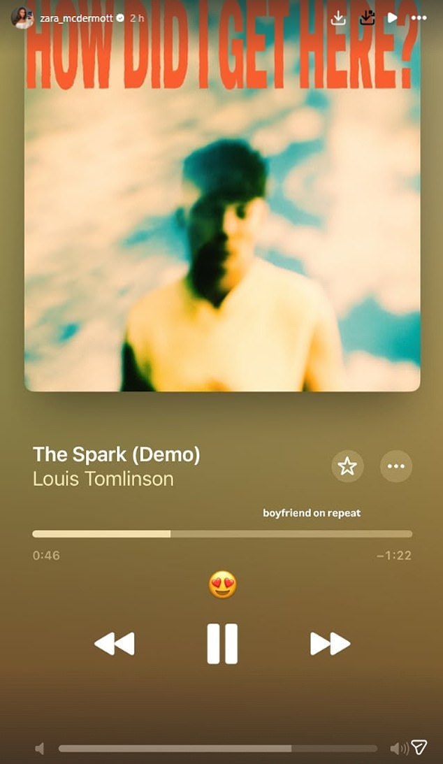 Taking to her Instagram Story on Saturday morning, Zara again gushed over her beau as she shared a screenshot of her listening to a demo version of his track The Spark