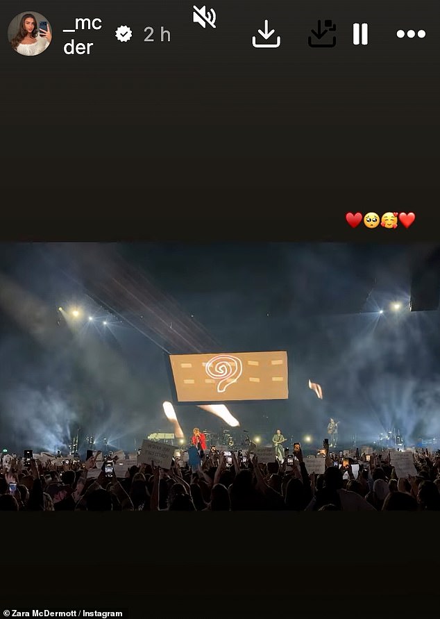 Zara appeared emotional as she shared a snap on her Instagram stories of Louis on stage at the KB Hallen in Copenhagen, performing his third studio album How Did I Get Here?