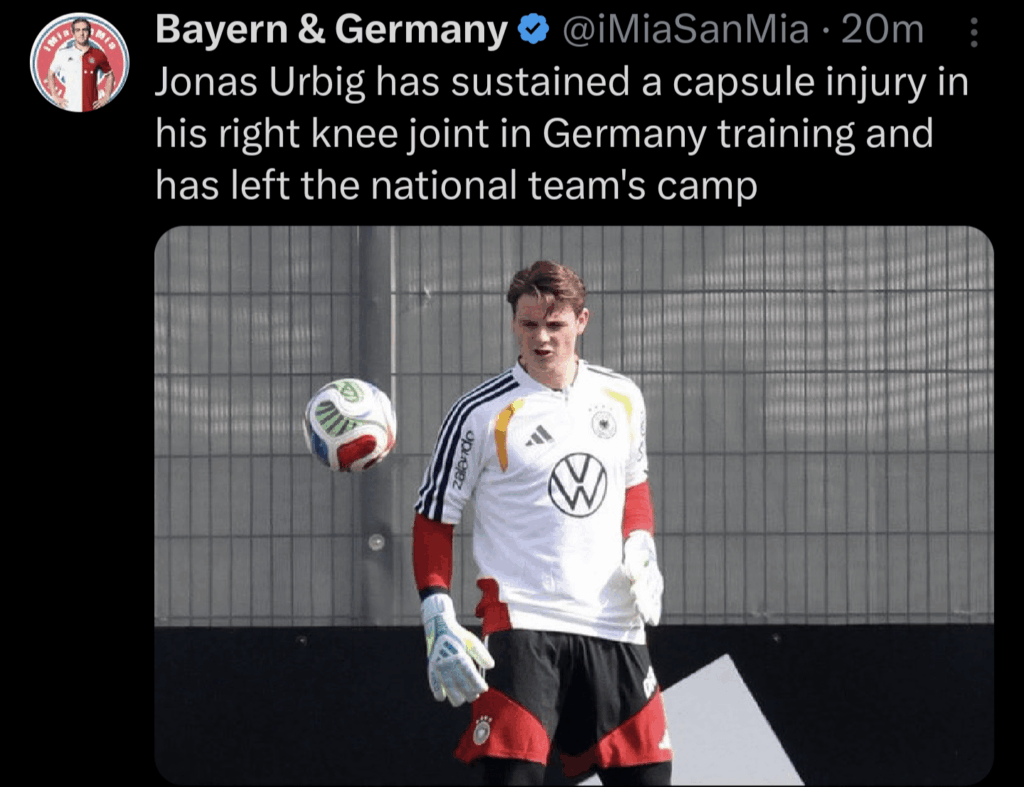Jonas Urbig has sustained a capsule injury in his right knee joint in Germany training and has left the national team's camp