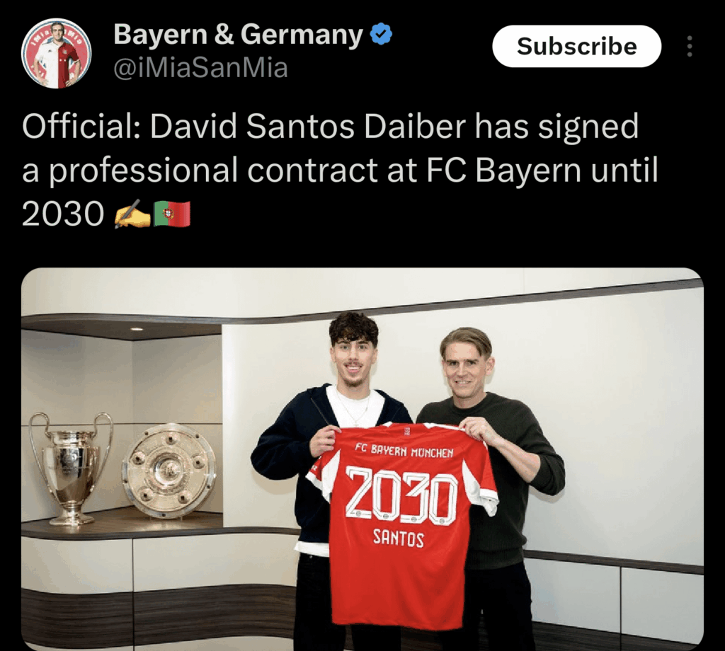OFFICIAL: David Santos Daiber has signed a professional contract at FC Bayern München until 2030
