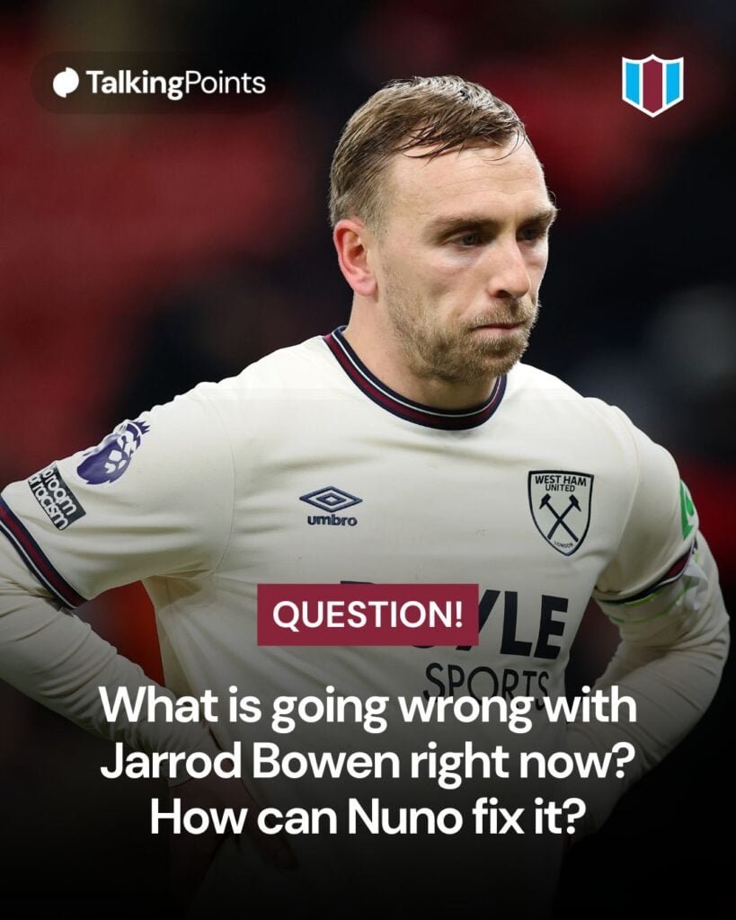 A graphic asking West Ham United fans what can be done about Jarrod Bowen's form.