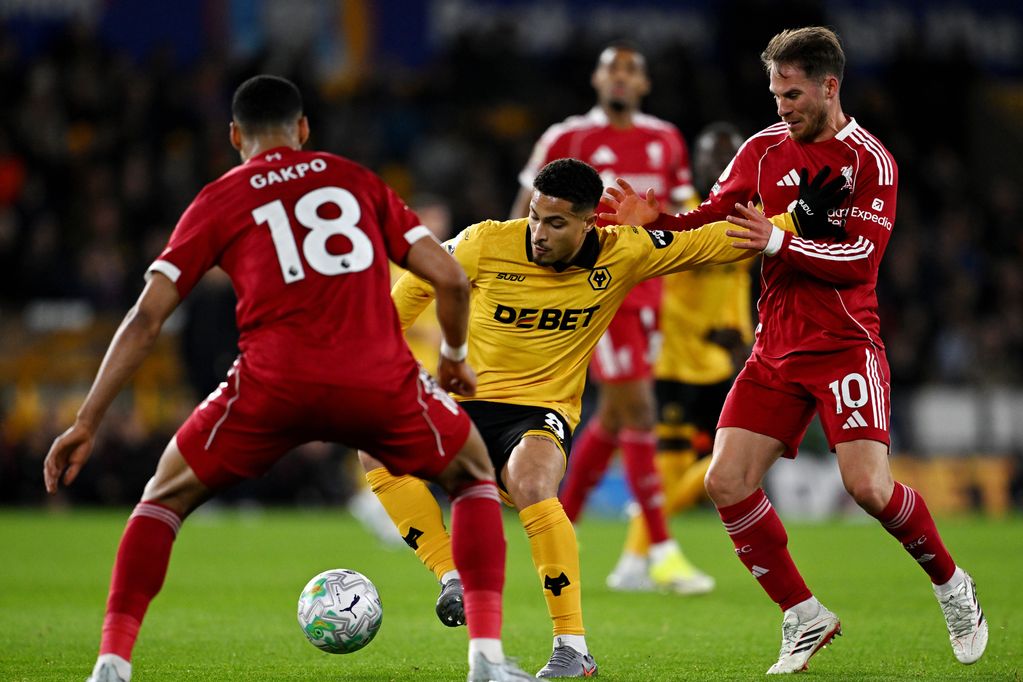 Joao Gomes of Wolverhampton Wanderers is challenged by Alexis Mac Allister of Liverpool.