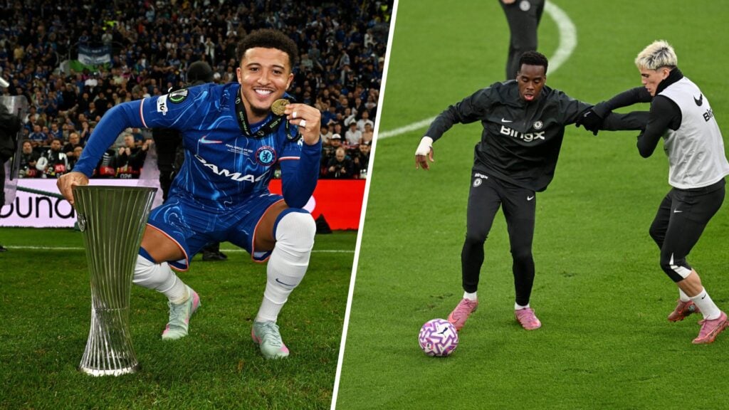 Split image - Jadon Sancho with trophy and Jamie Gittens and Alejandro Garnacho in training