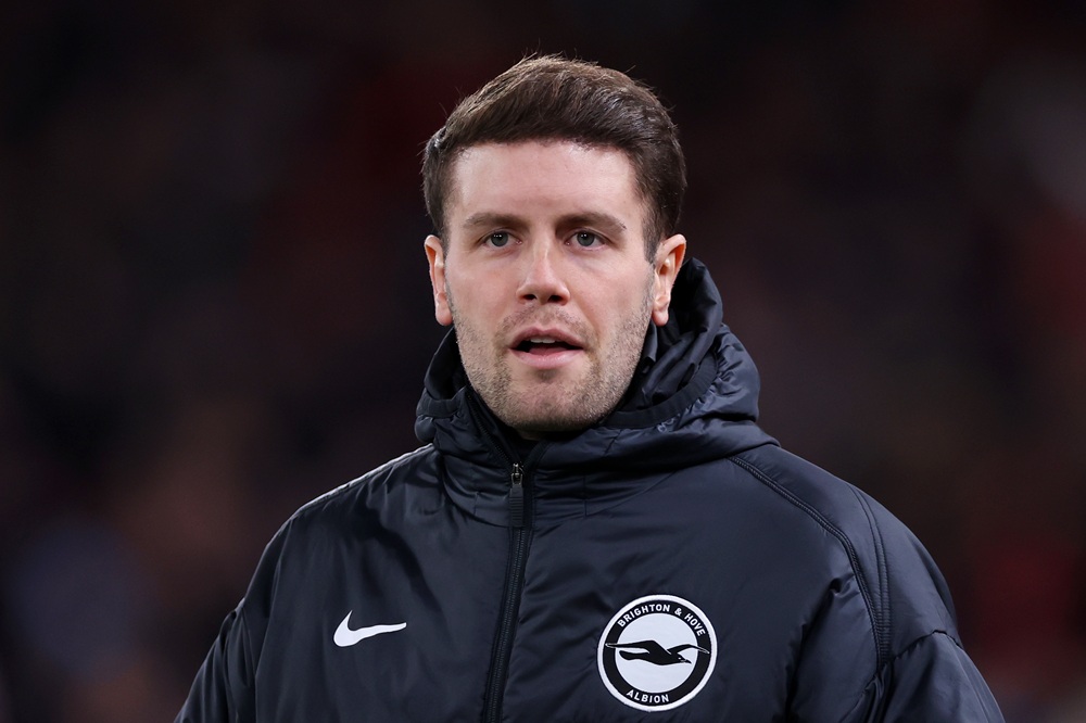 Fabian Huerzeler, Manager of Brighton & Hove Albion, looks on prior to the Emirates FA Cup Fourth Round match between Liverpool and Brighton & Hove...