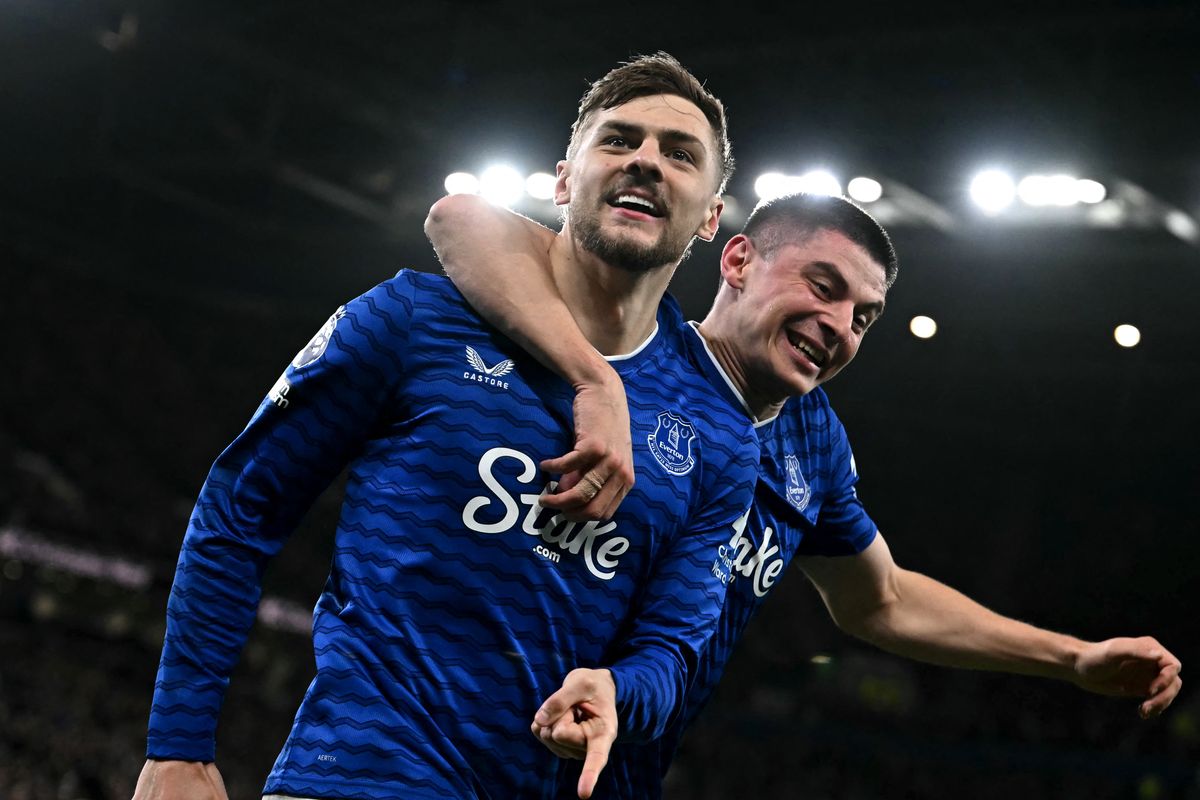 Kiernan Dewsbury-Hall celebrates after scoring Everton's second against Burnley