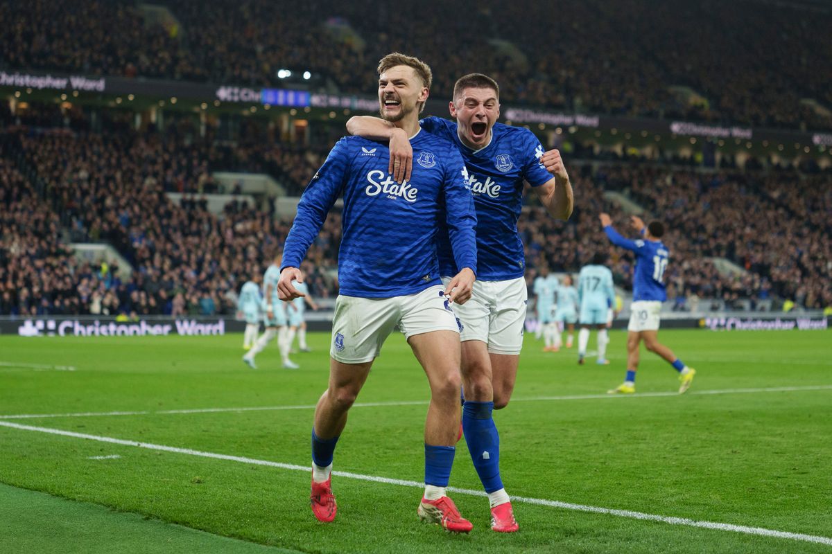 Kiernan Dewsbury-Hall celebrates with Vitalii Mykolenko after scoring during the match between Everton and Burnley at Hill Dickinson Stadium on March 3, 2026