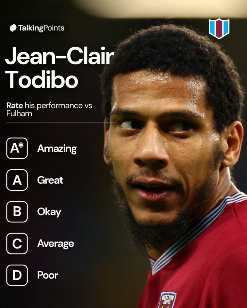 A graphic asking West Ham United fans to rate Jean-Clair Todibo's performance vs Fulham between A* and D.