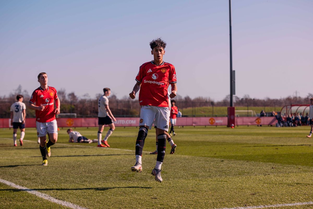 JJ Gabriel of Manchester United celebrates scoring a goal to make the score 1-1 during the U18 Premier League Cup match between Manchester United U18s & West Ham United U18s.