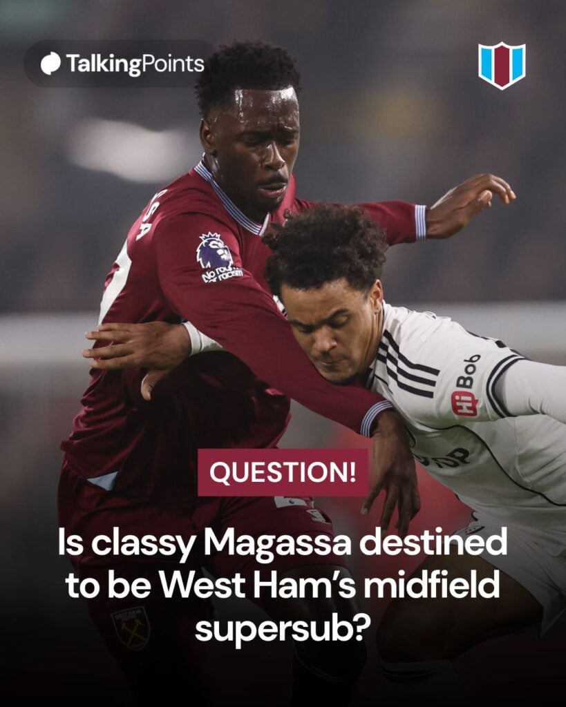 Soungoutou Magassa of West Ham United and Oscar Bobb of Fulham during the Premier League match between Fulham and West Ham United at Craven Cottage on March 4, 2026 in London, United Kingdom.