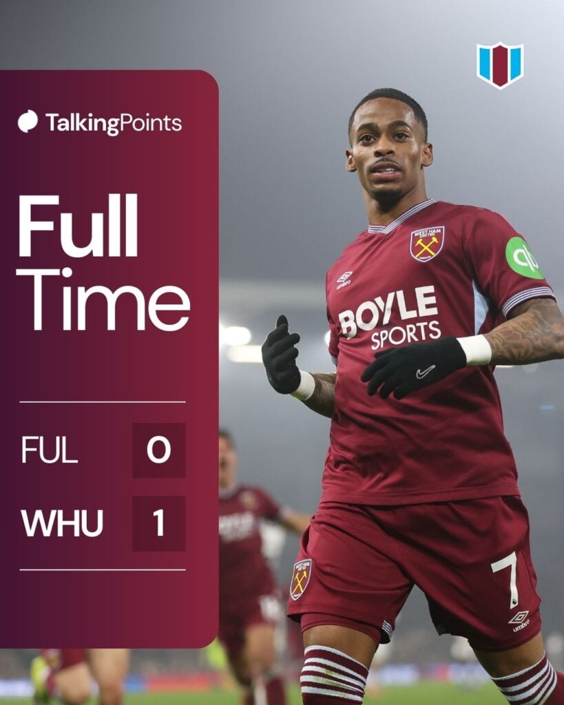 A graphic showing the full-time score between Fulham and West Ham (0-1) in the Premier League on 04/03/2026.
