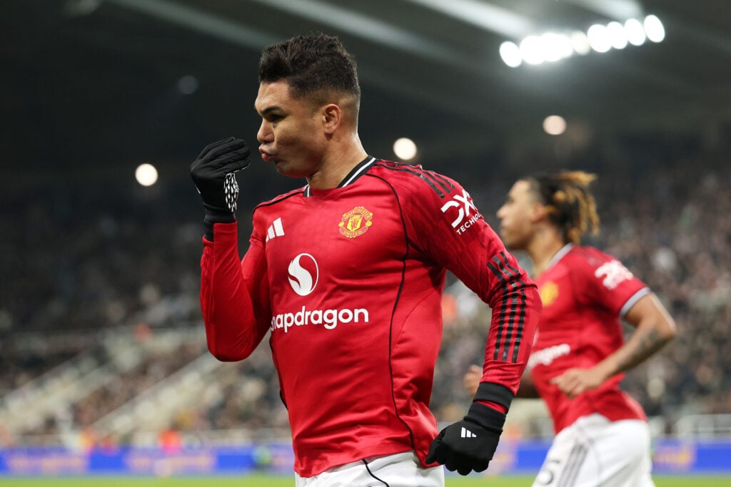 Casemiro celebrates scoring for Manchester United against Newcastle United.