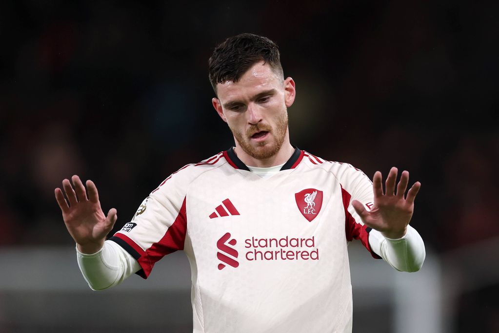 BOURNEMOUTH, ENGLAND - JANUARY 24: Andrew Robertson of Liverpool reacts during the Premier League match between Bournemouth and Liverpool at Vitality Stadium on January 24, 2026 in Bournemouth, England. (Photo by Ryan Pierse/Getty Images)