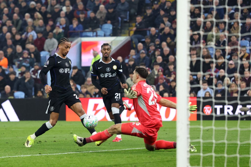 Chelsea's Brazilian striker #20 Joao Pedro scores