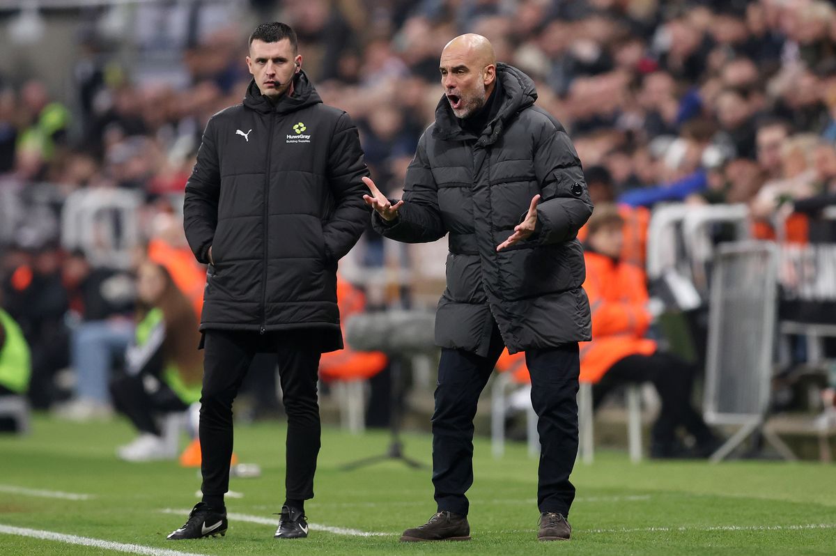 Pep Guardiola, manager of Manchester City, reacts during the Emirates FA Cup Fifth Round match between Newcastle United and Manchester City at St. James' Park 