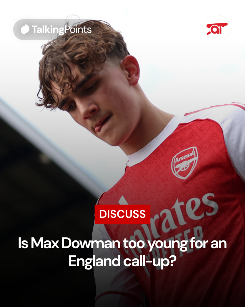 A graphic asking Arsenal fans if Max Dowman is too young for an England call-up.