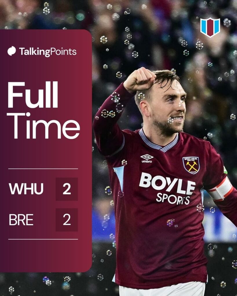 A graphic showing the full-time score between West Ham United and Brentford (2-2, 5-3 pens) in the FA Cup on 09/03/2026.