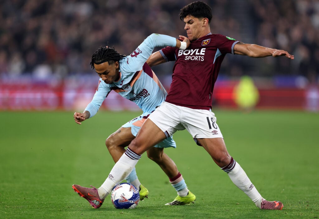 Mateus Fernandes playing for West Ham against Brentford in the FA Cup.