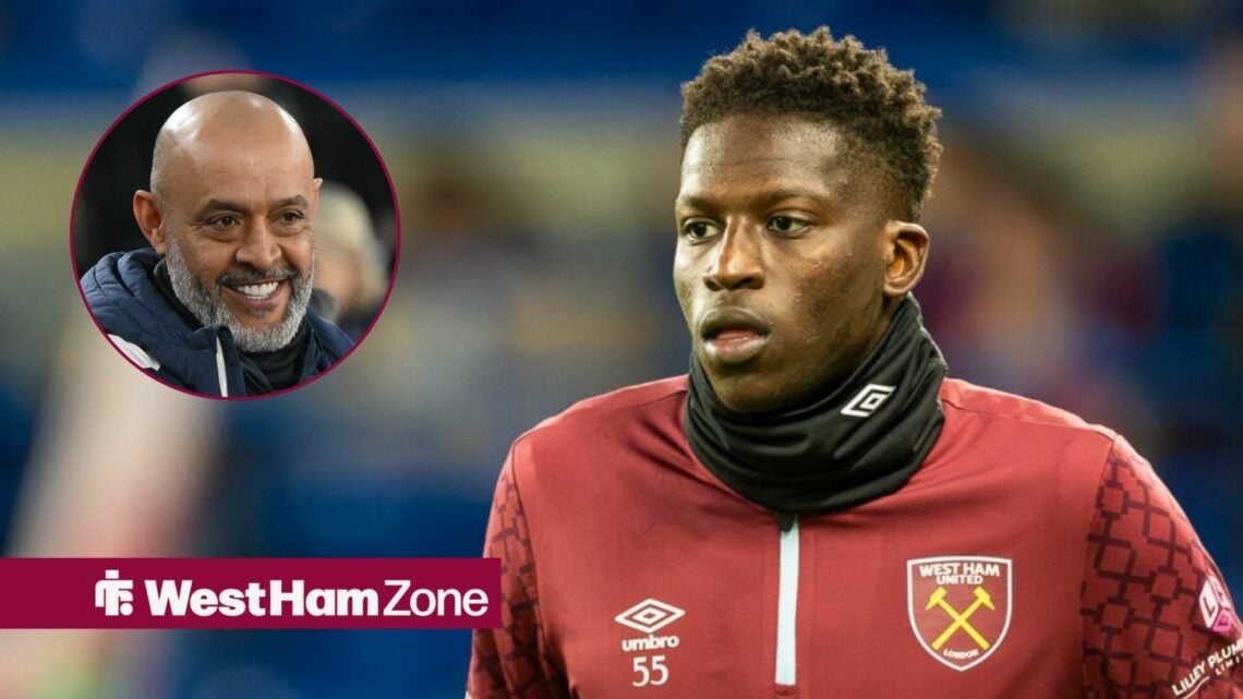 West Ham midfielder Mohamadou Kante warms up ahead of a match, alongside a circular inset of a smiling Nuno Espirito Santo