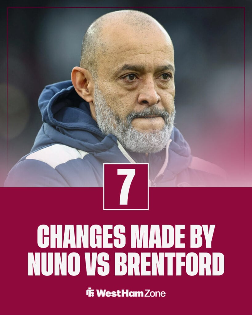 Nuno made seven changes to West Ham's starting lineup