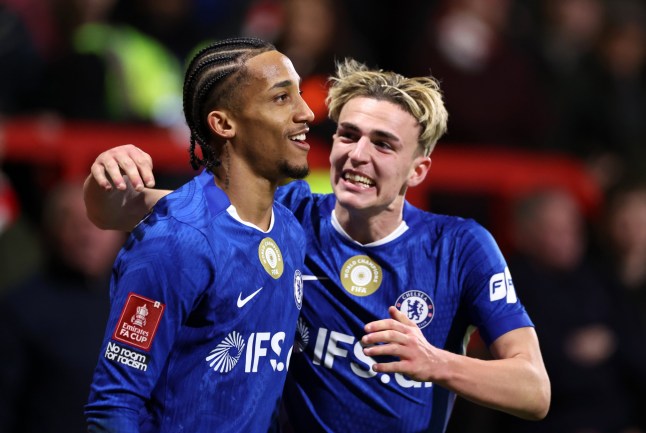 WREXHAM, WALES - MARCH 07: Joao Pedro of Chelsea celebrates scoring his team's fourth goal with teammate Jesse Derry during the Emirates FA Cup Fifth Round match between Wrexham and Chelsea on March 07, 2026 in Wrexham, Wales. (Photo by Chelsea Football Club/Chelsea FC via Getty Images)