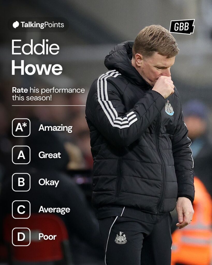 A graphic asking Newcastle United fans to grade Eddie Howe's performance this season between A* and D.