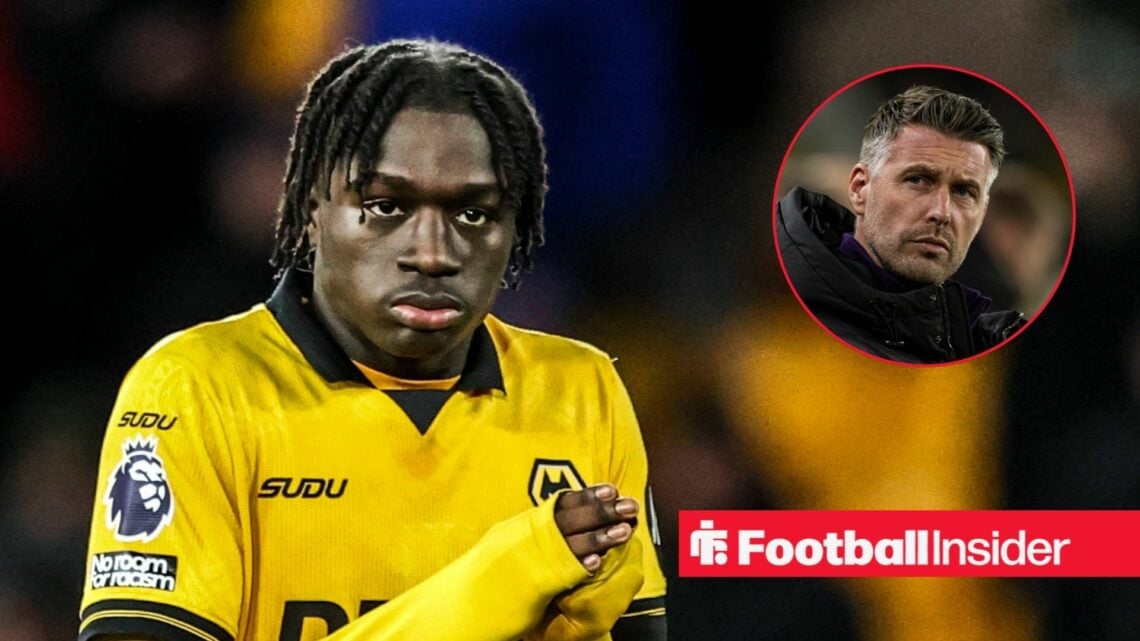 Mateus Mane applauding the Wolves fans, with Rob Edwards in a circular inset