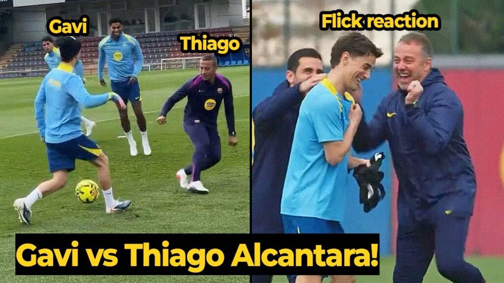 Flick laugh as Gavi TROLLS Thiago Alcantara in training ahead of his return against Sevilla