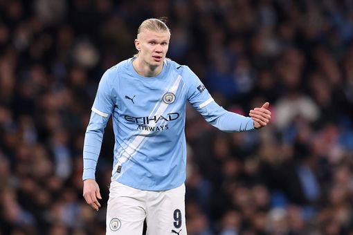 MANCHESTER, ENGLAND - FEBRUARY 04: Erling Haaland of Manchester City gestures during the Carabao Cup Semi Final Second Leg match between Manchester City and Newcastle United at Etihad Stadium on February 04, 2026 in Manchester, England. (Photo by Kate McShane/Getty Images)