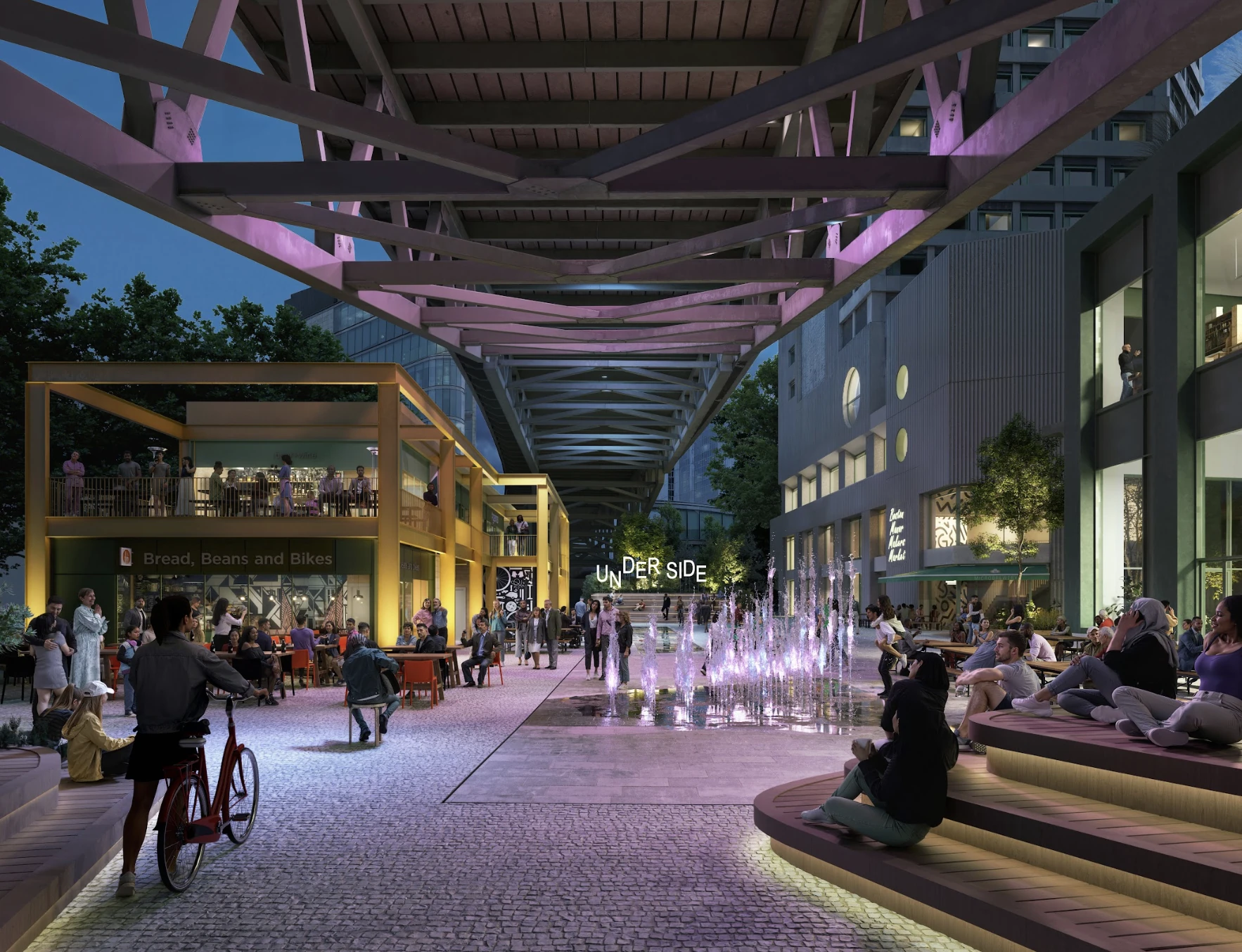 a bustling nightlife with well lit spaces and a water display. 