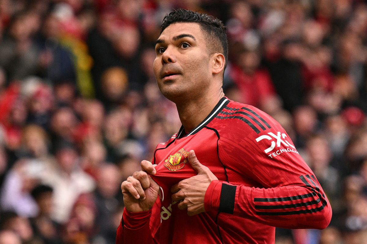 Casemiro celebrates after scoring for Manchester United against Aston Villa