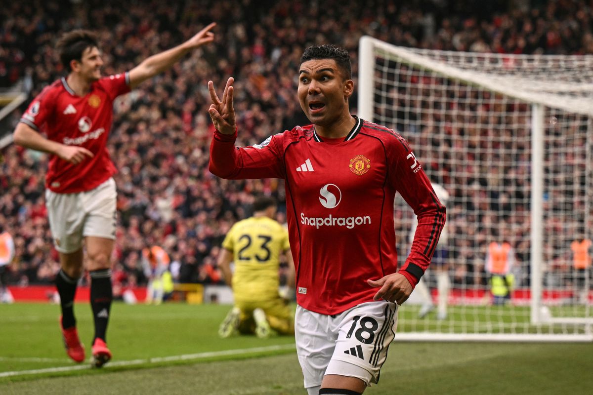 Casemiro celebrates scoring for Manchester United against Aston Villa