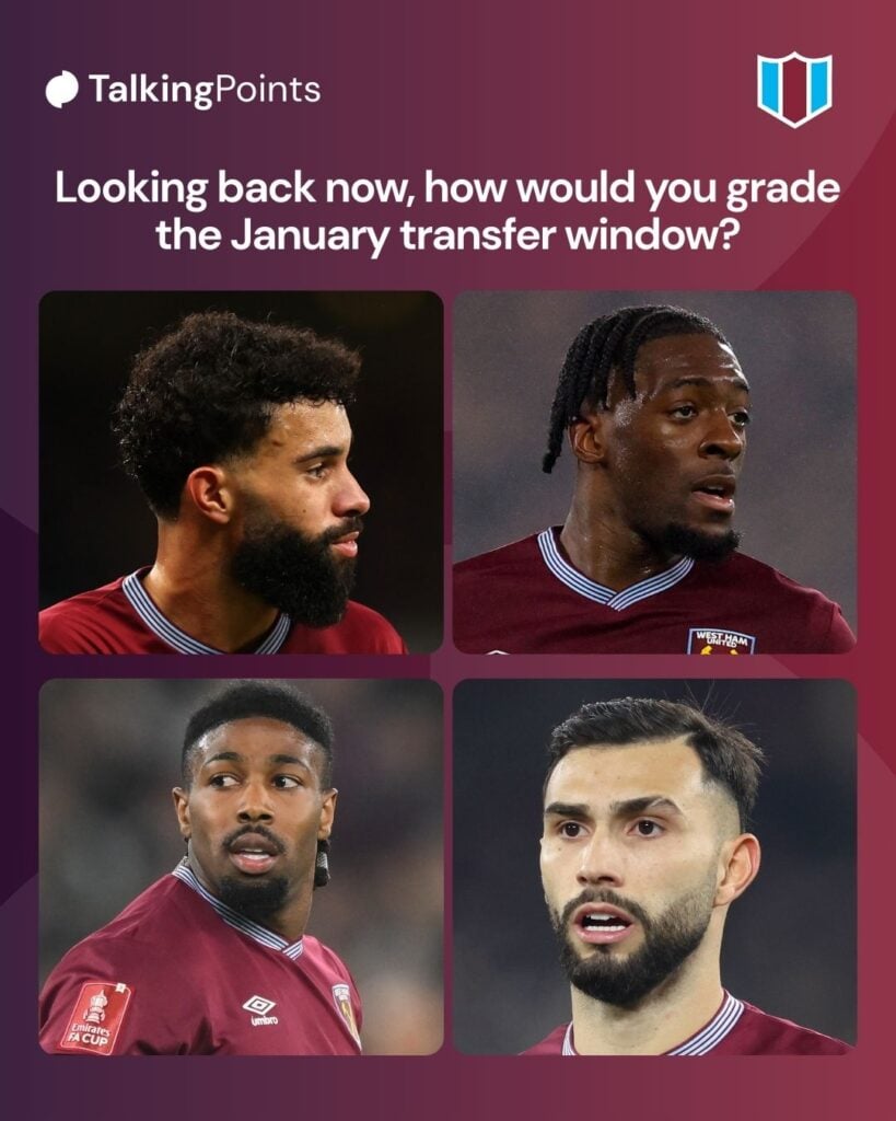 A split image of Pablo Felipe, Axel Disasi, Adama Traore and Taty Castellanos all playing for West Ham. A question reads: 
