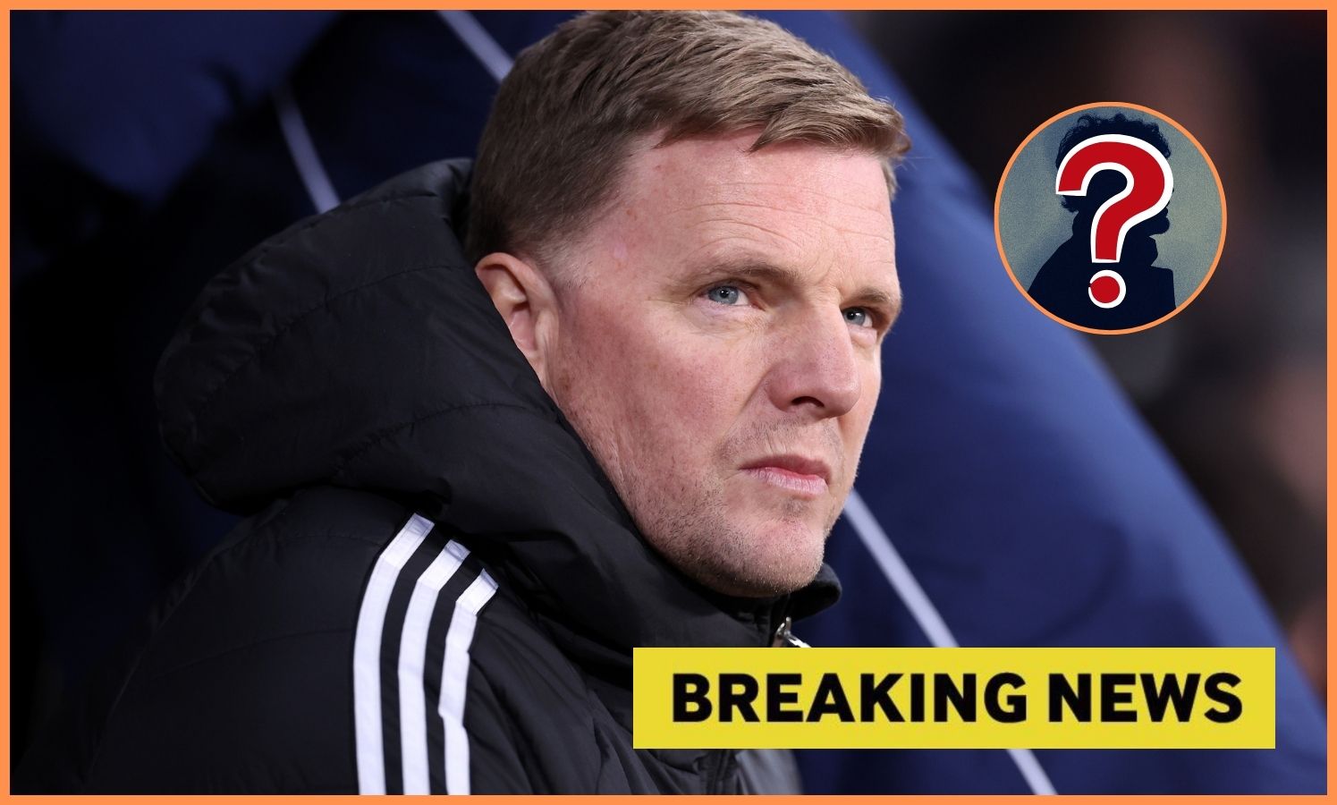 Newcastle manager Eddie Howe looks on, plus 'breaking news' banner