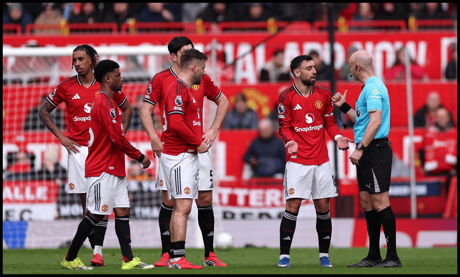 MANCHESTER, ENGLAND - MARCH 15: Bruno Fernandes of Manchester United complains to referee Anthony Taylor after Ross Barkley of Aston Villa (not pictured) scores his team's first goal during the Premier League match between Manchester United and Aston Villa at Old Trafford on March 15, 2026 in Manchester, England
