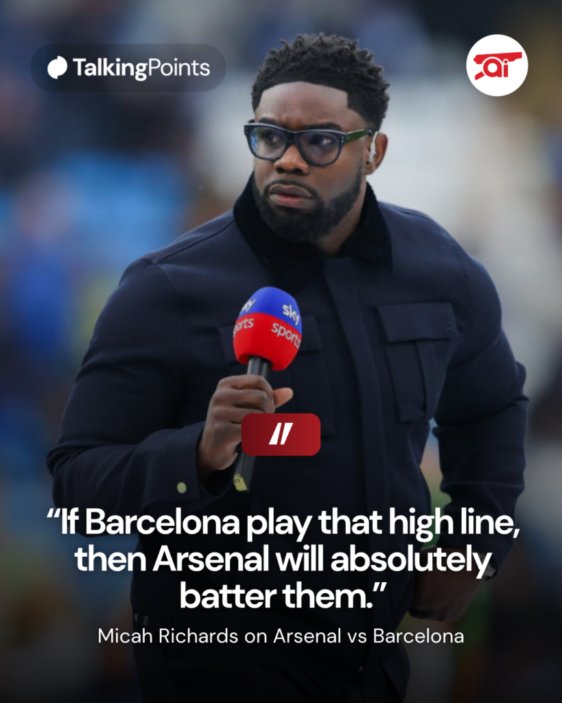 Image of Micah Richards looking on while working as a pundit, overlaid his comments on a potential Arsenal vs Barcelona clash in the Champions League