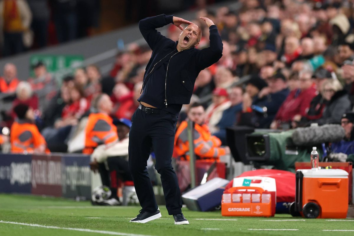 Arne Slot, Manager of Liverpool, reacts during the UEFA Champions League 2025/26 Round of 16 Second Leg match between Liverpool FC and Galatasaray SK at Anfield on March 18, 2026 in Liverpool, England