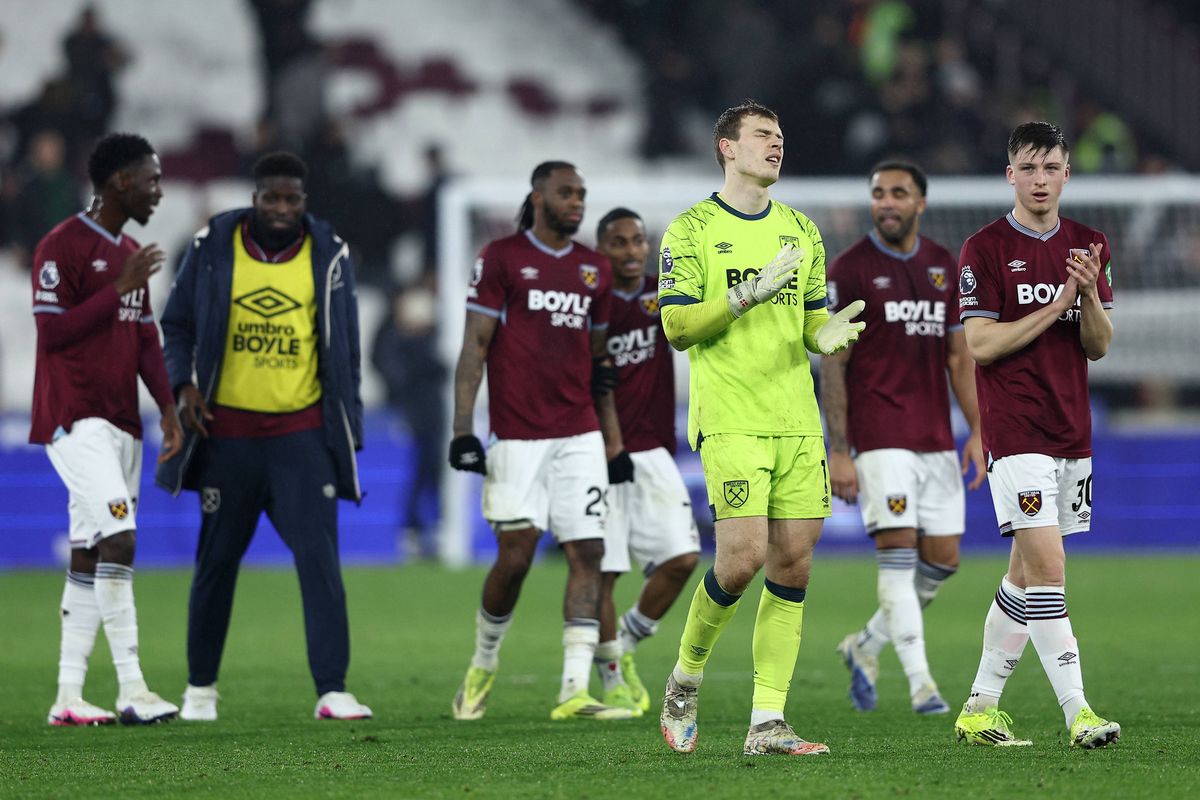 Mads Hermansen of West Ham United looks dejected as he applauds the fans following the Premier League match between West Ham United and Manchester United at London Stadium