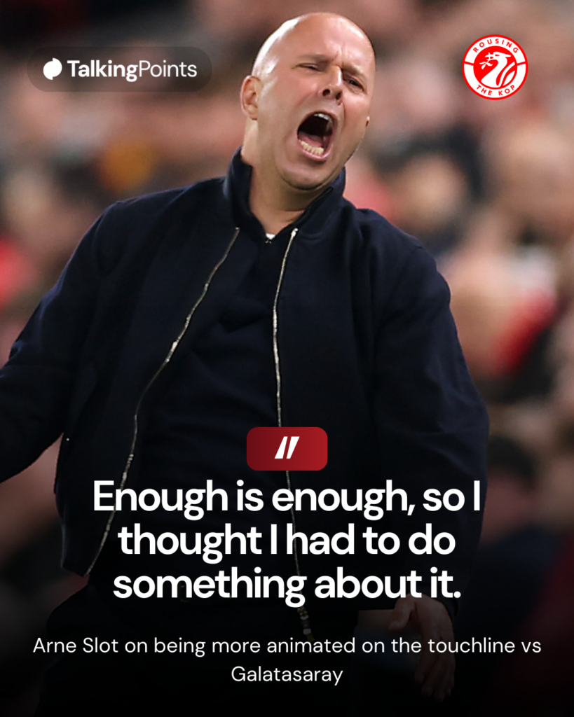 Arne Slot reacts with frustration during Liverpool's UEFA Champions League last-16 second-leg against Galatasaray at Anfield (Credit: Getty Images/Carl Recine).