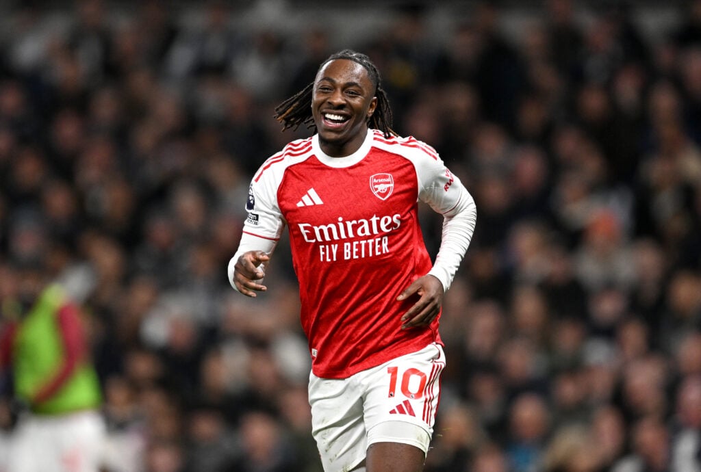 Eberechi Eze of Arsenal celebrates scoring his team's third goal during the Premier League match between Tottenham Hotspur and Arsenal at Tottenham Hotspur Stadium.