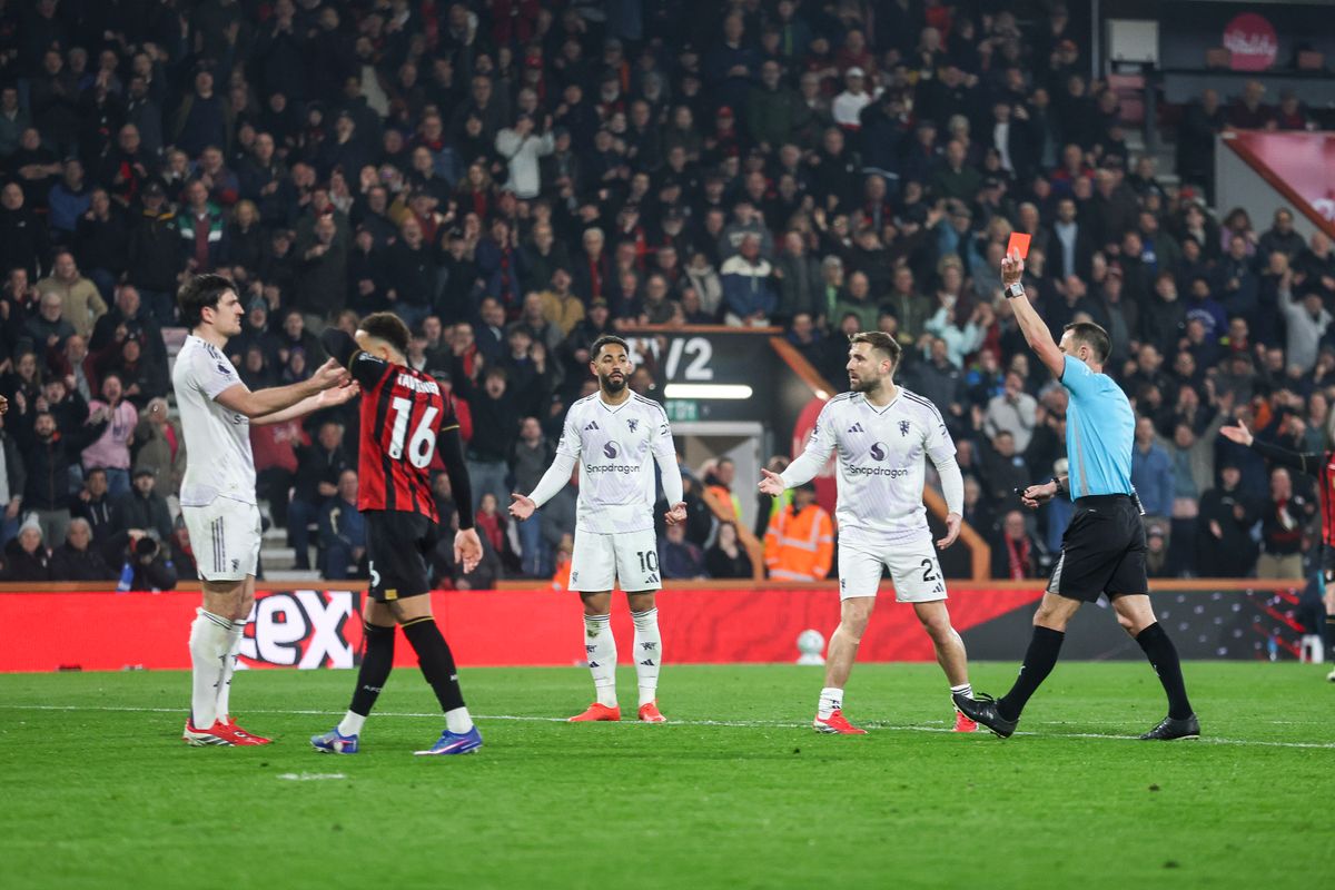 Harry Maguire is shown a red card