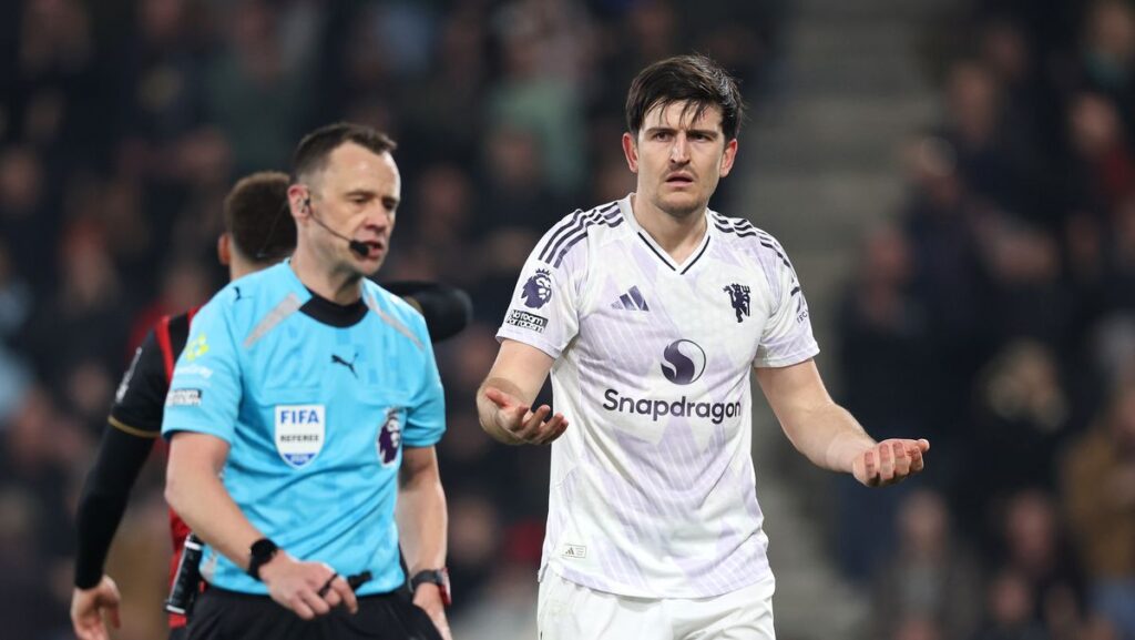 Harry Maguire reacts after controversial referee decision vs Manchester United – 'Soft'