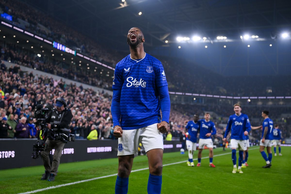 Beto celebrates scoring his second goal during the match between Everton and Chelsea at Hill Dickinson Stadium on March 21, 2026