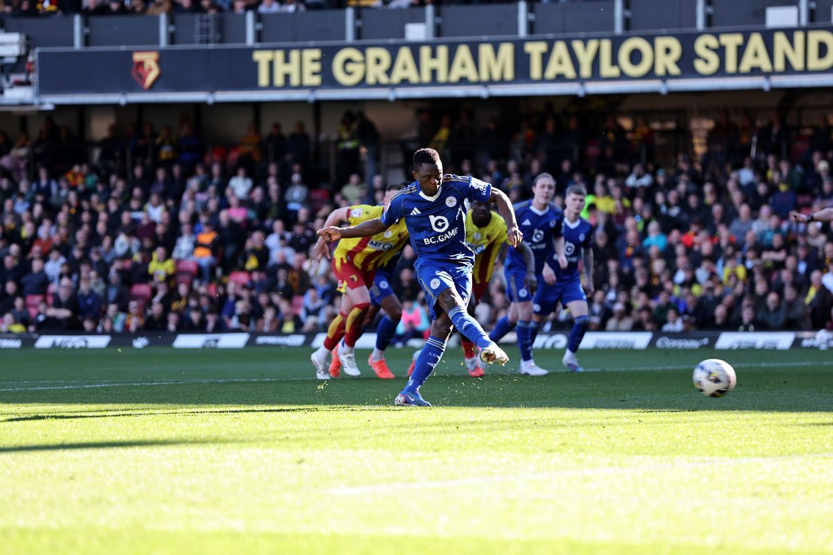 Patson Daka's penalty hit the post during the Sky Bet Championship match between Watford and Leicester City at Vicarage Road